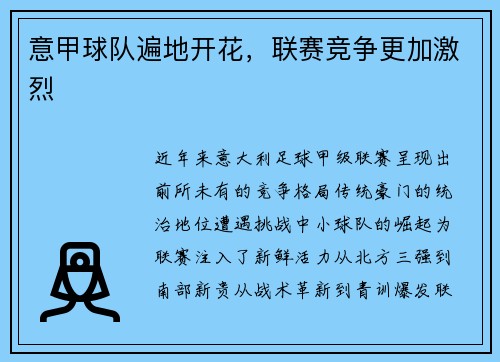 意甲球队遍地开花，联赛竞争更加激烈