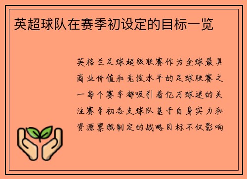 英超球队在赛季初设定的目标一览